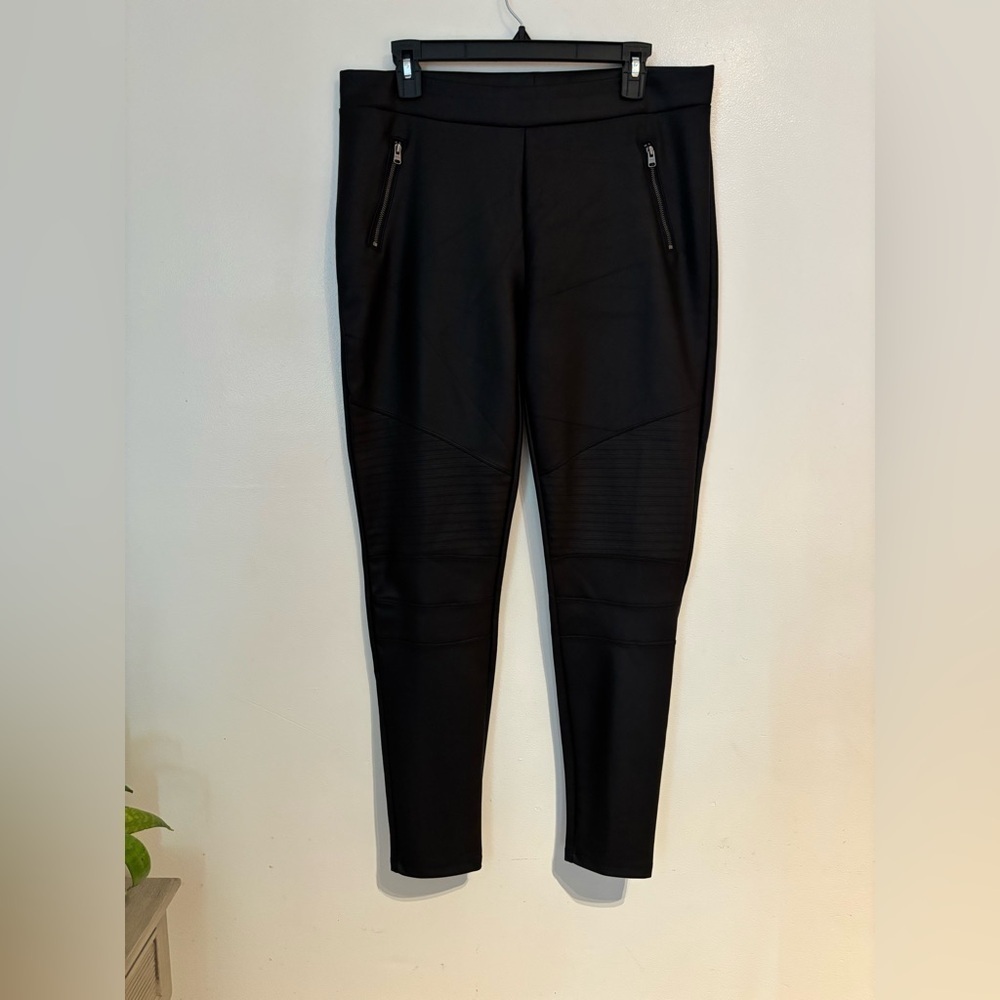 Express Women’s L Moto Faux Leather Leggings Pants Black Stretch Zip Pockets